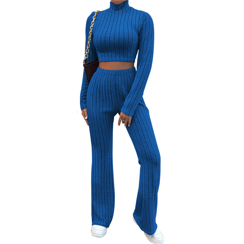 F1366 Winter New Womens Ribbed Fleece High Neck Fashionable Elegant Long Pants Set