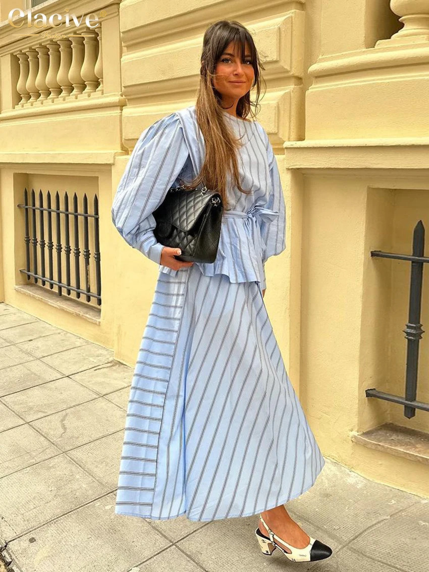 Clacive Fashion Loose Stripe Print 2 Piece Sets Women Outfit Elegant Long Sleeve Shirt With High Waist Ankle Length Skirt Set 250730