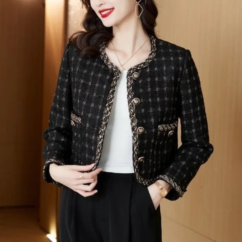 Vintage Cropped Tweed Jacket Women Blazer Korean Chic Singlebreasted Long Sleeve Plaid Coat Spring Autumn Suit Outerwear 250730
