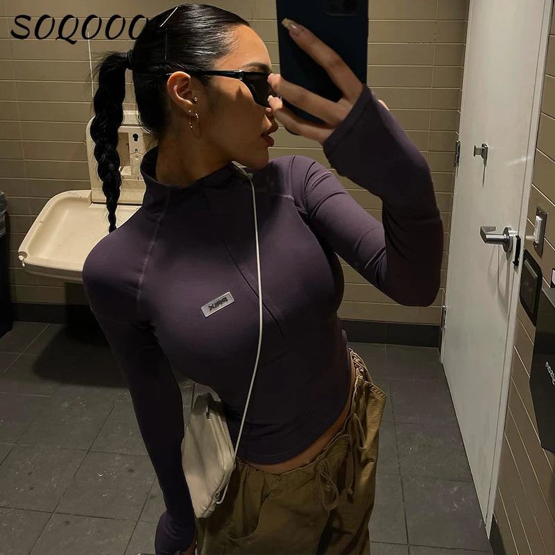 2K Long Sleeve TShirt Women Stand Collar Skinny Zip Crop Tops Pullover Casual Basic Tees Streetwear Sexy Female Clothes 250729