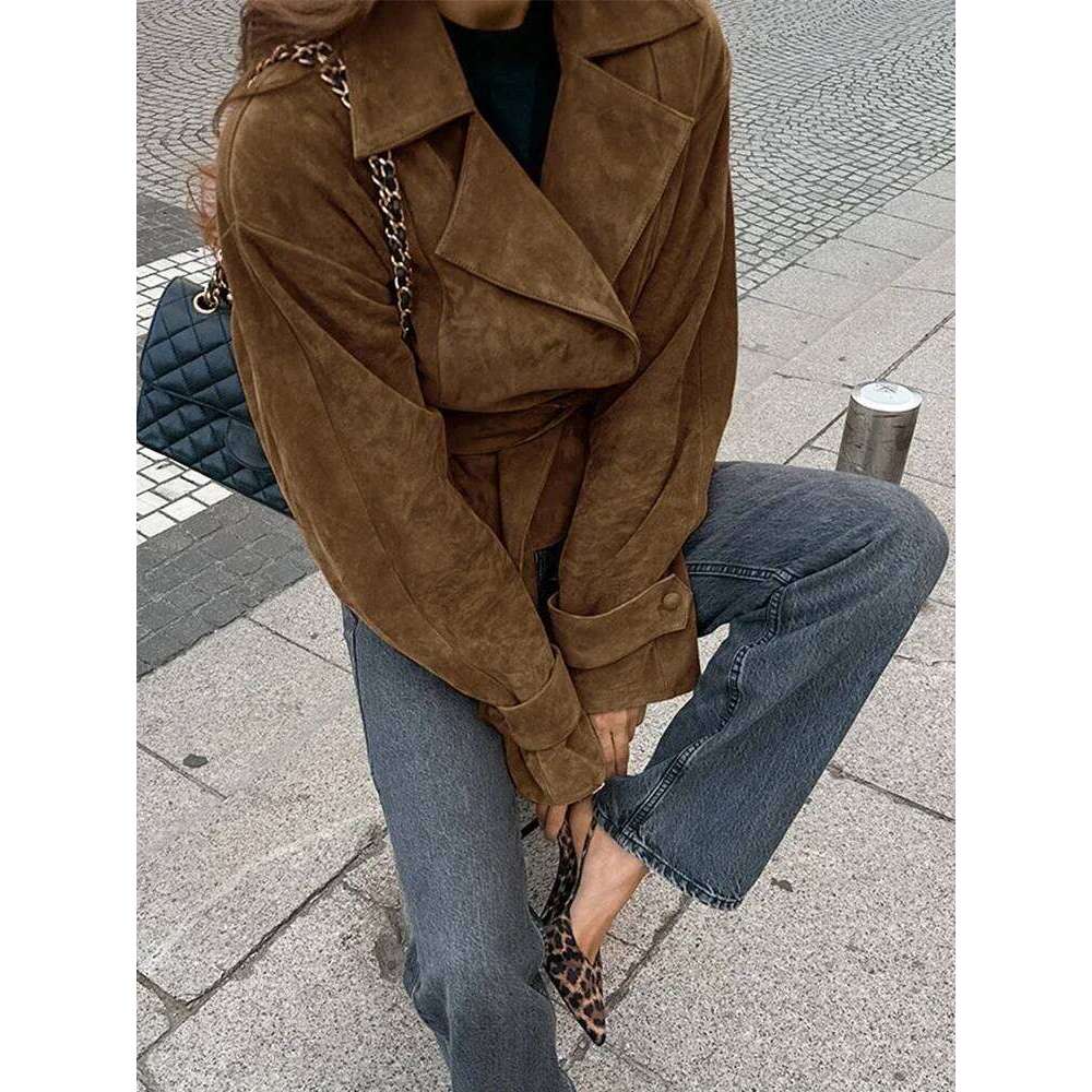 Retro Brown Lace Up Shorts Suede Jacket Elegant Female Lapel Long Sleeves Slim Coats Autumn Chic Lady High Street Outwear
