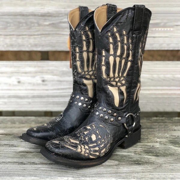 Square Head Totem Skull Patterned Martin Style Boots for Men Plus Sizing Options