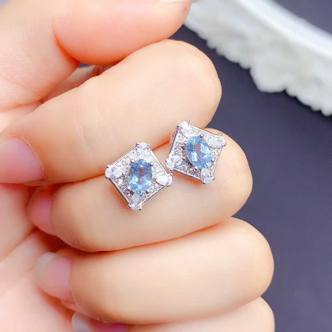 Natural Aquamarine Stud Earrings 4mm*6mm Light Blue Aquamarine Earrings allergy free 18K gold plated silver jewelry