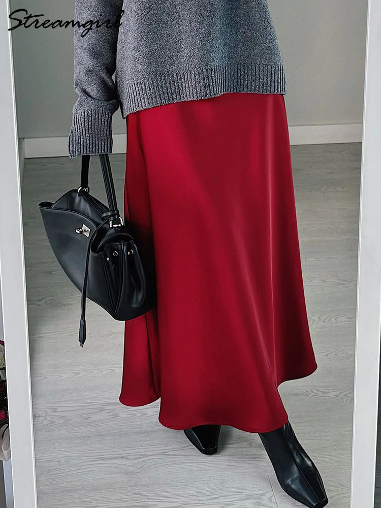 Long Black Satin Skirts Women For Work Summer Autumn Straight Brown Skirt Belt Coffee Formal Silk Maxi Ladies 250730