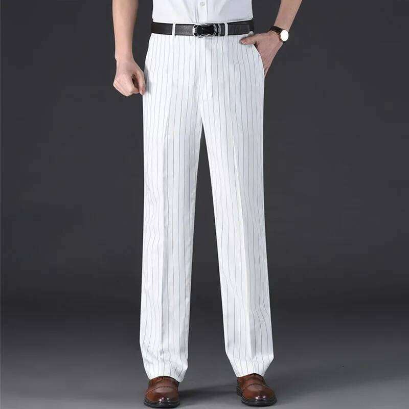 England Style New Men Casual Summer Thin Straight Anti-Wrinkle Striped Trousers Loose Business Vintage Cootrast Color Suit Pants