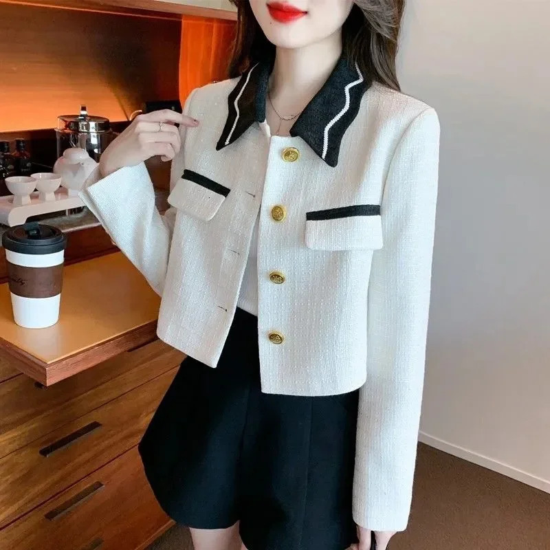 Spring Autumn French y Socialite Temperament BlackAndWhite Lapels and Fragrant Tweed Coat Women Coats 250730