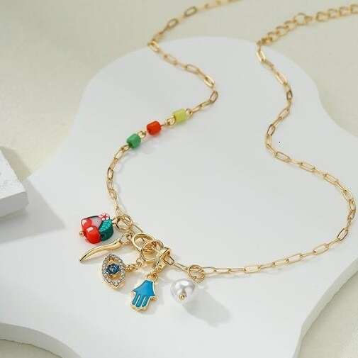 OZON Devil's Eye Geometric Metal Pendant for Women Fashion Star and Moon Enamel Necklace