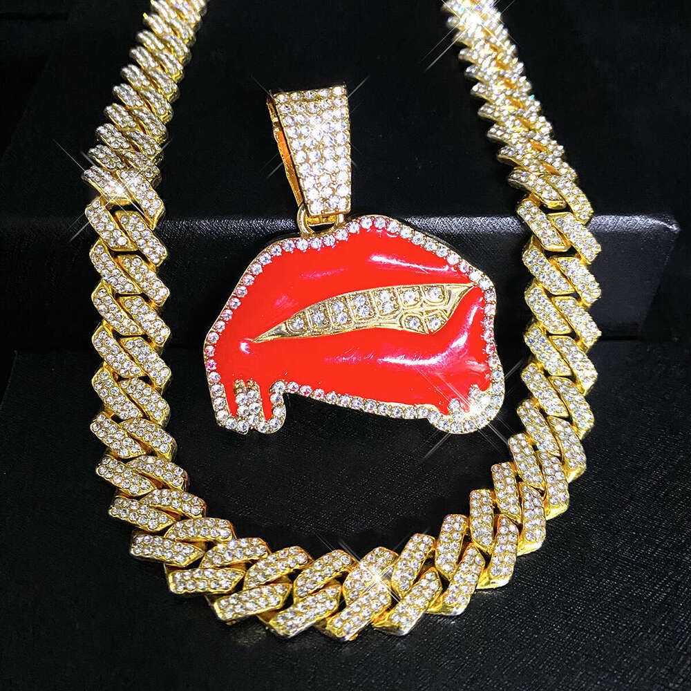Inlaid Dia Oil Drop Sexy Red Lip Pendant Hip Hop Personality Creative Alloy Cuban Chain Necklace