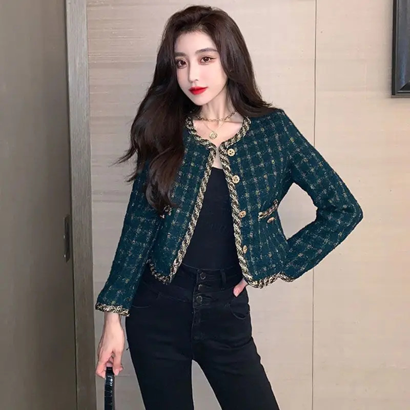 Vintage Cropped Tweed Jacket Women Blazer Korean Chic Singlebreasted Long Sleeve Plaid Coat Spring Autumn Suit Outerwear 250730
