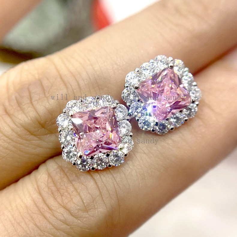 Flower Lace Square Cubic Zircon Diamond Stud Earrings Yellow Pink Designer Jewelry Charm Silver Gold Crystal Leaf Owl Earring for Woman Gift Fashion F