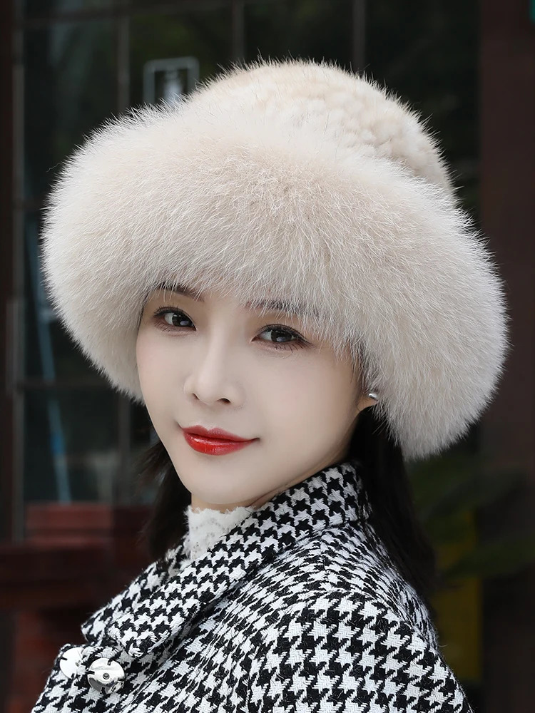 Fur Hat Winter for Womens Cap Natural Mink Fur with Fox Fur Beanies Russian Sun Knitting Bucket Hat Fashion Bonnets 250724