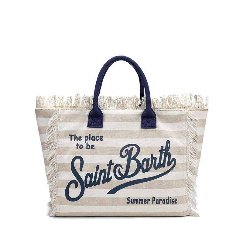 Saint Barth Large Capacity 2025 Handbag European and American Beach Street Horizontal Striped Apricot Canvas Tote Bag for Women