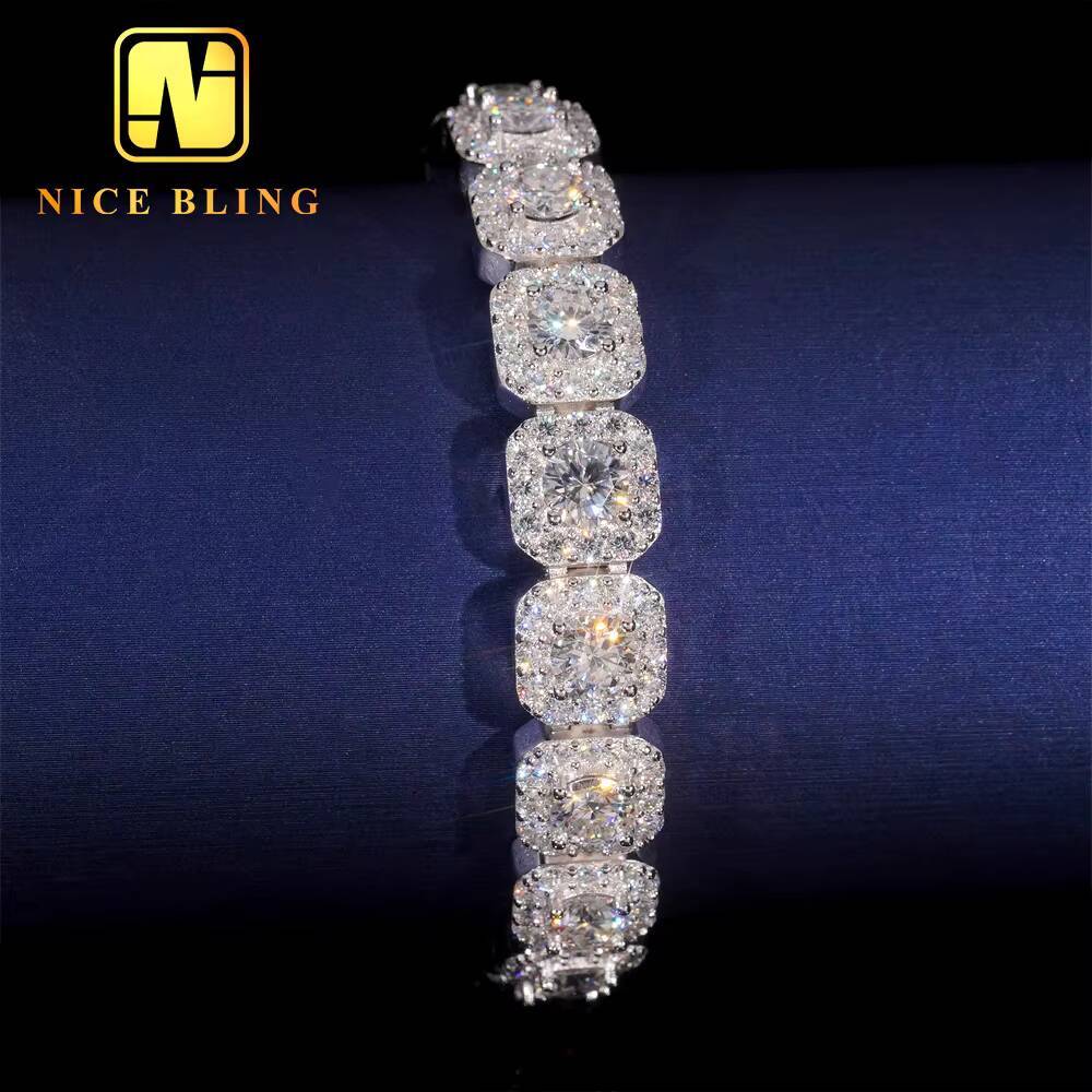 Luxury Fire Jewelry 10mm 925 Sterling Silver D Color VVS Moissanite Diamond Cluster Tennis Chain Necklace for Men Women