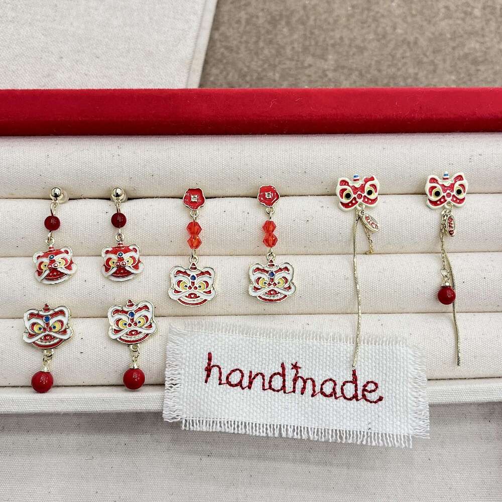 Chinese Style Red Lion Dance Personality Design Sense Elegant High-end New Year Festive Stud Earrings Jewelry 759