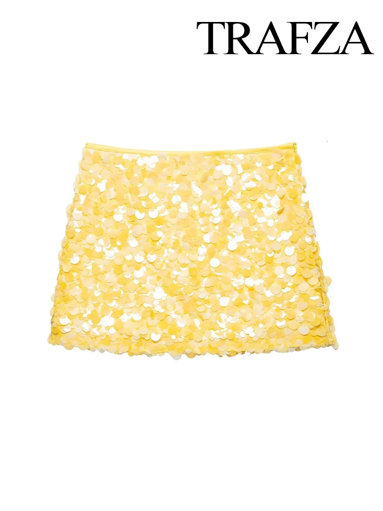 TRAFZA Women Summer Fashion Versatile High Waist Slim Sequin Mini Skirt Female Sexy Hip Side Zipper Punk Party Short Mujer 250730