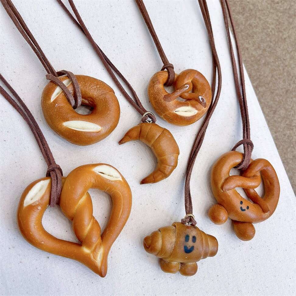 Handmade Bread Lye Knot Croissant Long Pendant Necklace for Women, Unique Sweater Chain Accessory 54c