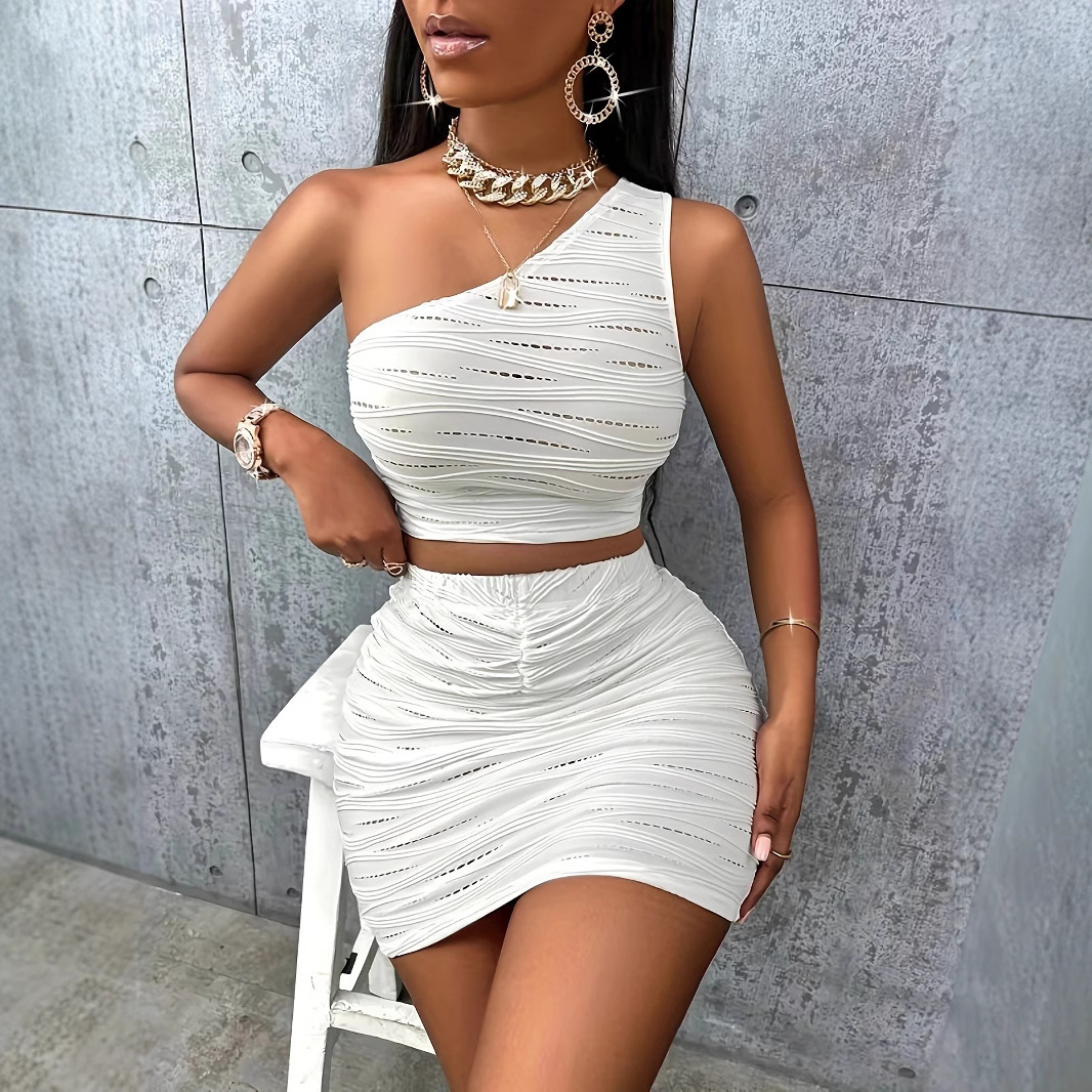 F2126 New Womens Ruched Asymmetrical Shoulder Skirt Fashionable Elegant Solid Color Set