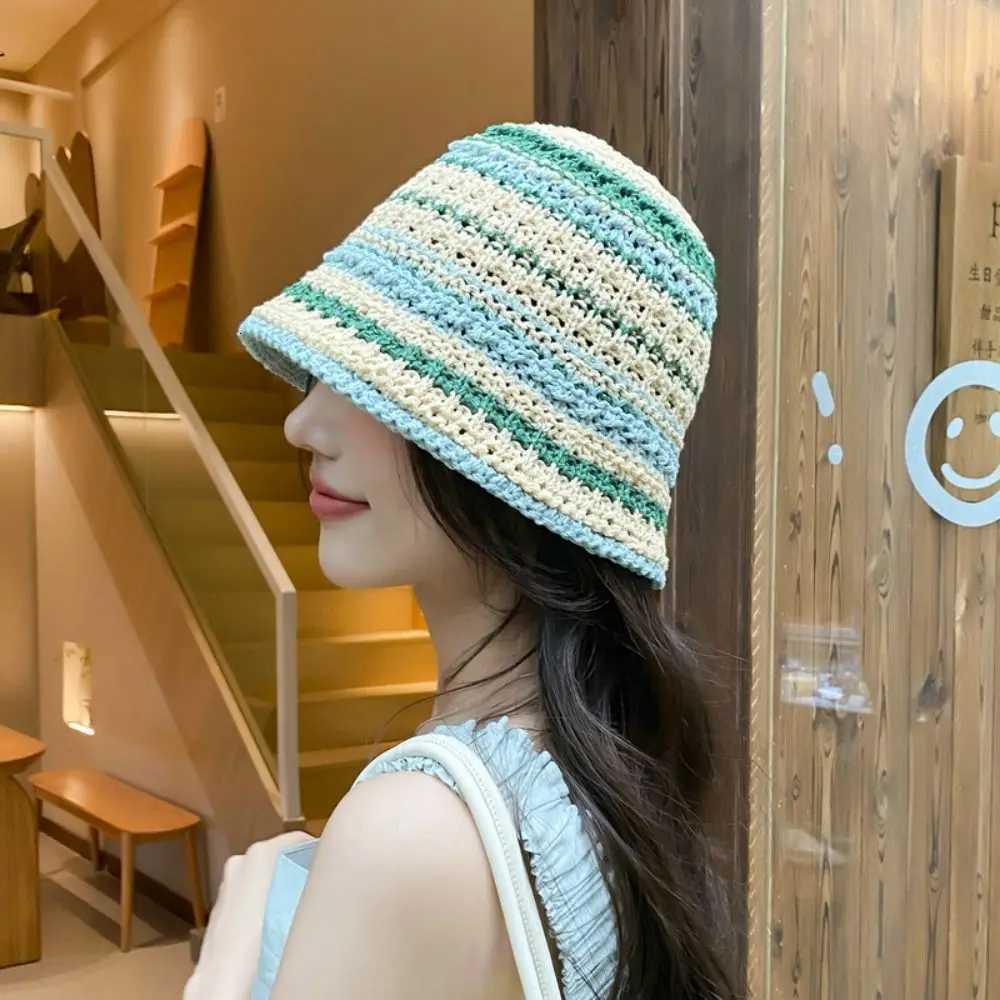 Fashion Striped Fisherman Hat Big Eaves Breathable Crochet Hat UV Protection Mticolor Str C Outdoor Y250730