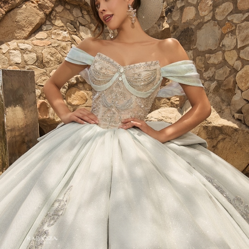 Light Green Quinceanera Dresses Off The Shoulder Applique Lace Beading Bow Tull Ball Gown Vestidos De 15 Anos Sweet 16 Dress