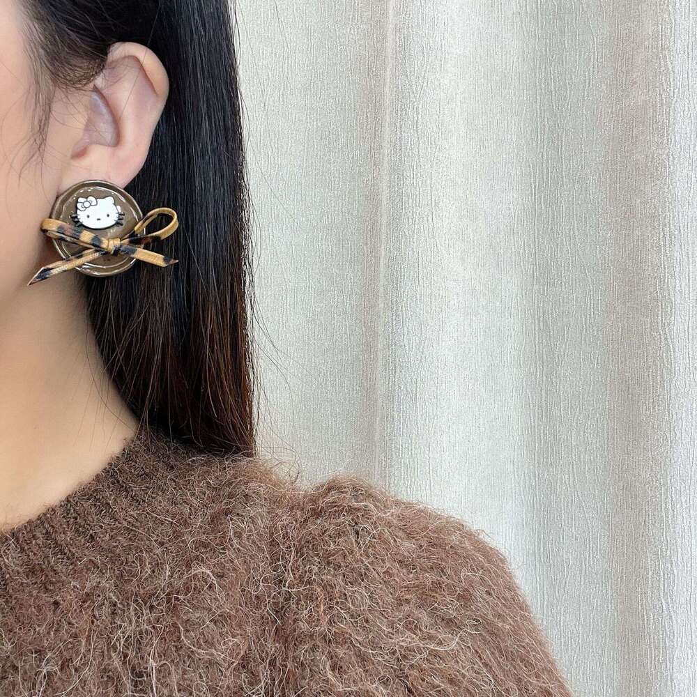 Autumn Winter New Round Cat Leopard Print Bow Fashion Sweet Cute Korean Style High-end Earrings for Women 281