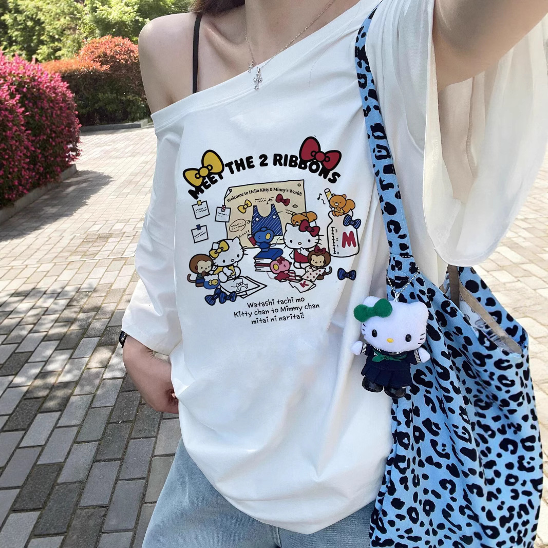 2025 Cotton College Style Off Shoulder Short Sleeve Women's T-shirt Summer New Cartoon Cat Pattern Cute Printed Top New Designer T-shirt