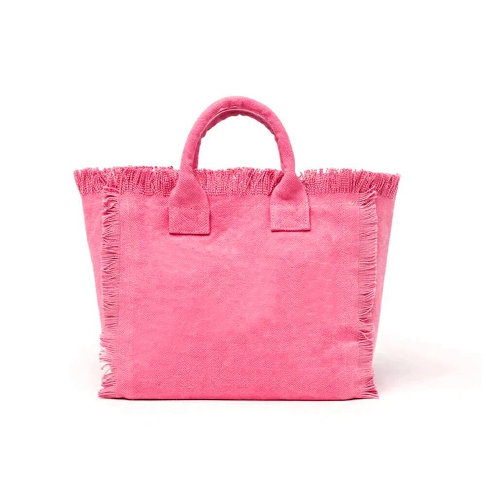 Solid Color Simple Fashion Design Women's Tassels Handbag Large Capacity Canvas Beach Brand Medium Size Tote Bag