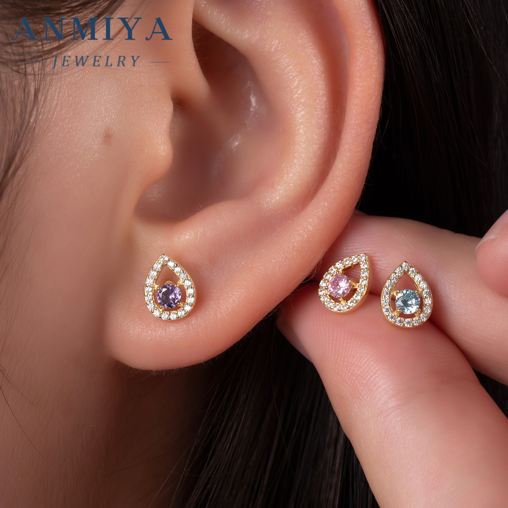 Customilzed 3pcs Set S925 Sterling Silver Purple Zircon CZ Stone Geometric Water Drop Heart-Shaped Zircon Stud Earrings Set