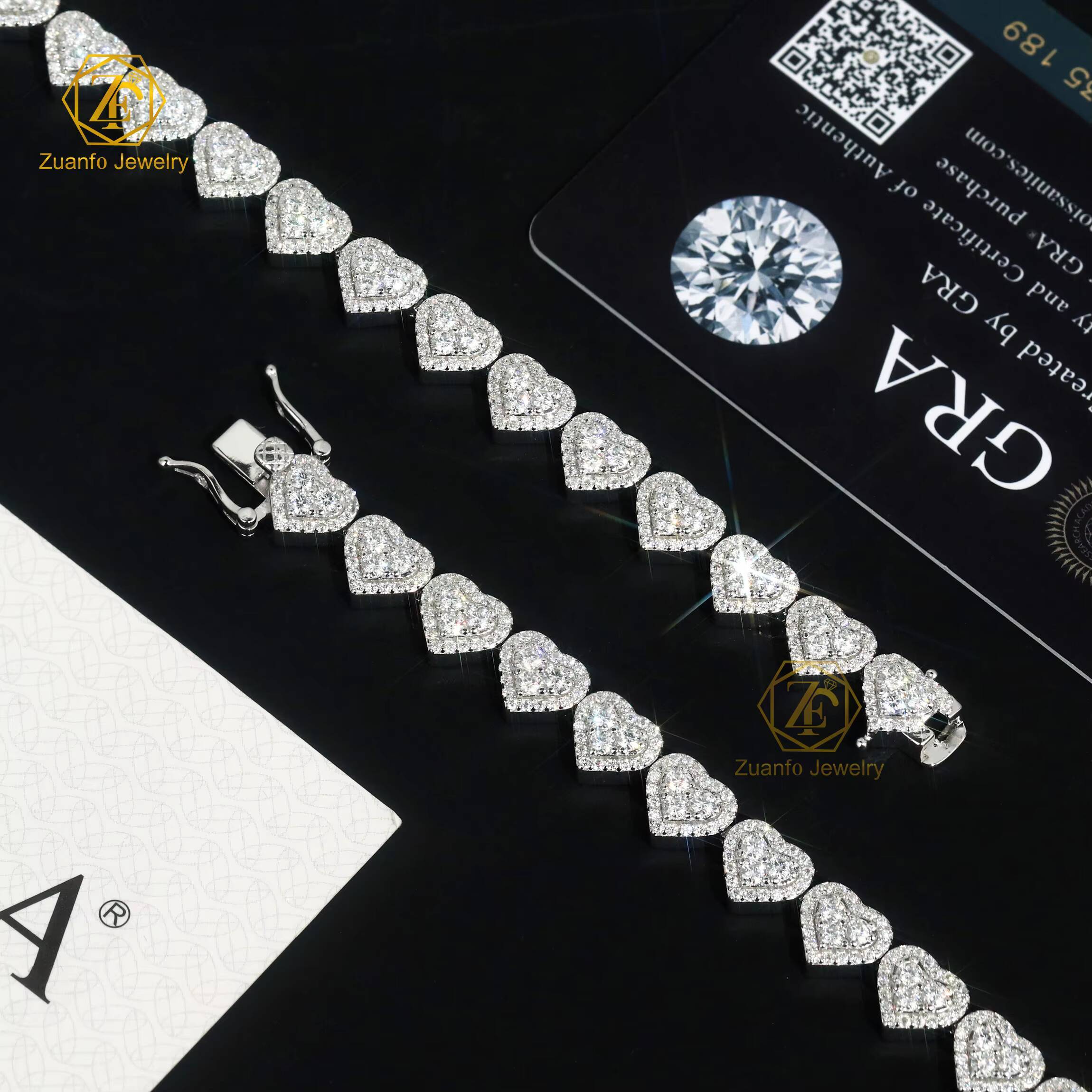 Fine Jewelry 925 Silver Iced Moissanite Heart Necklace Bracelet Choker Cuban Chain Set for Women Men Hip Hop Bling Gift