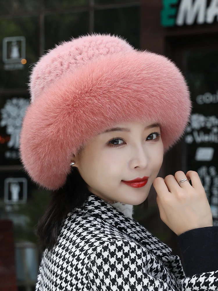 Fur Hat Winter for Womens Cap Natural Mink Fur with Fox Fur Beanies Russian Sun Knitting Bucket Hat Fashion Bonnets 250724