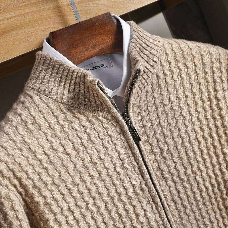 Men's Zipper Mock Collar Thickening Cardigan 100% Merino Wool Flower Yarn Sweater Cashmere Knitwear Autumn Winter Coat Tops MDNG