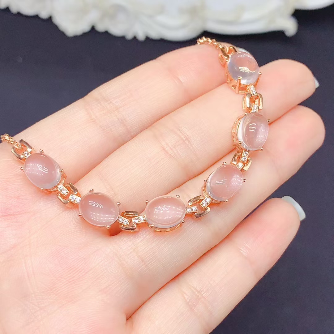 Natural Rose Quartz Bracelet for Party 7mm*9mm Total 12ct Rose Quartz Silver Bracelet with 18K Gold Plated 925 silver Gemstone Jewelry
