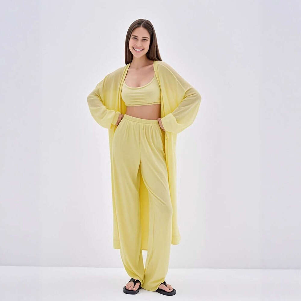 Lazy Style Loose Cardigan Short Skirt For Women With Camisole And Long Pants Three-Piece Set B5