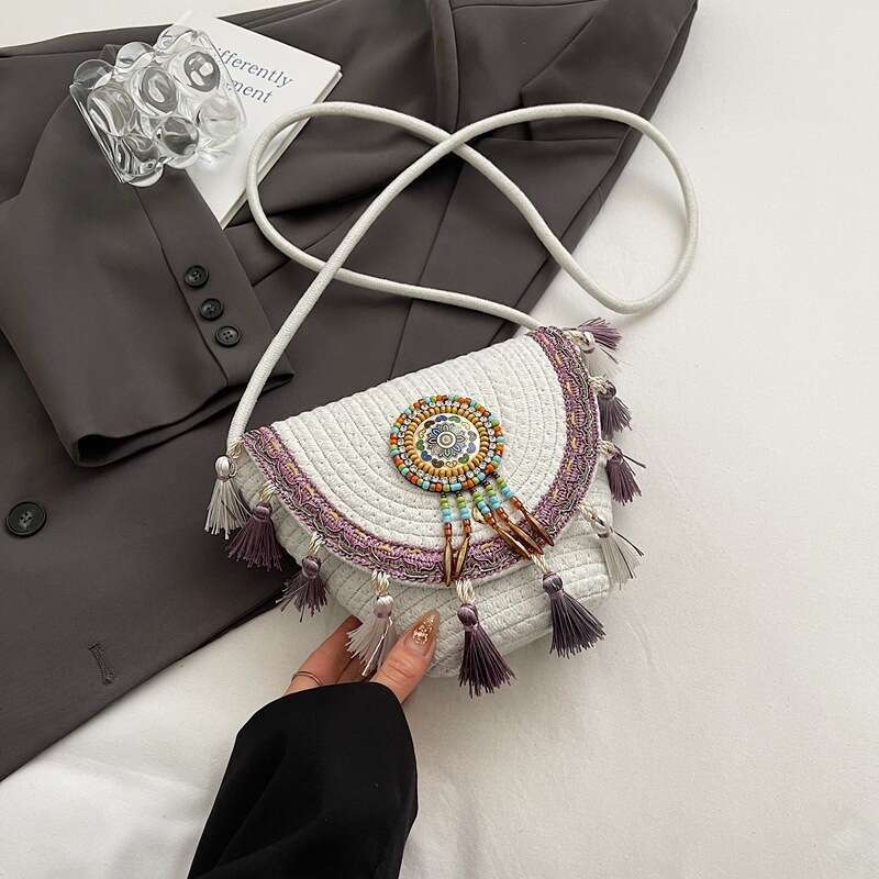 Tassel Chinese Ethnic Style Niche Design for Women Large Capacity Straw Beach Single Shoulder Crossbody Bag Trendy