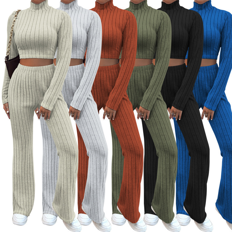 F1366 Winter New Womens Ribbed Fleece High Neck Fashionable Elegant Long Pants Set