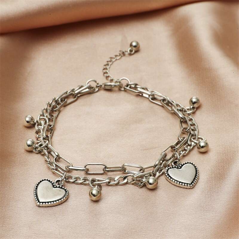 Double Layer Heart Couple Ins Cold Style Hip Hop Personality Round Bead Chain Bracelet