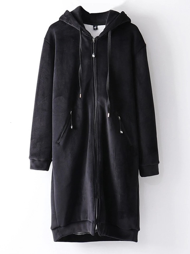 Womens Medium Long Velvet Zipper Jacket Loose Versatile Cardigan Hoodie Spring Autumn Student Black Thickened Coat Top 250730