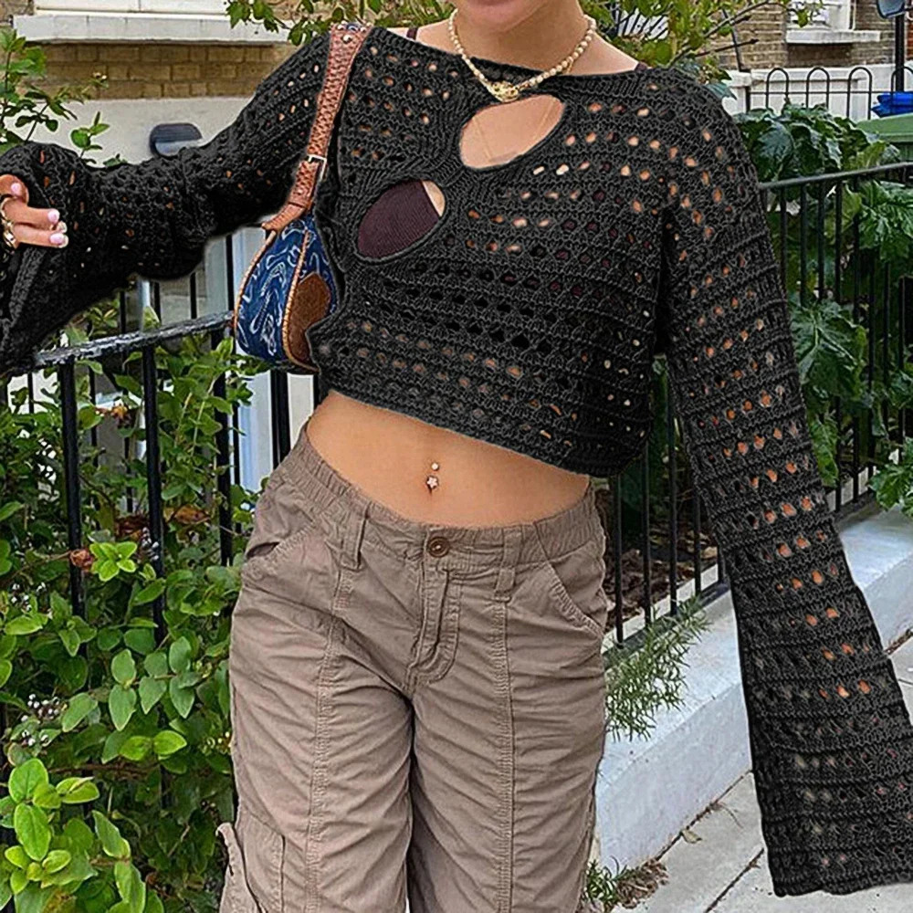 Y2K Hollow Out Crop Top Knitted Retro Long Sleeve T-Shirt Women Summer Sun Protection Breathable Cardigans Patched 250725