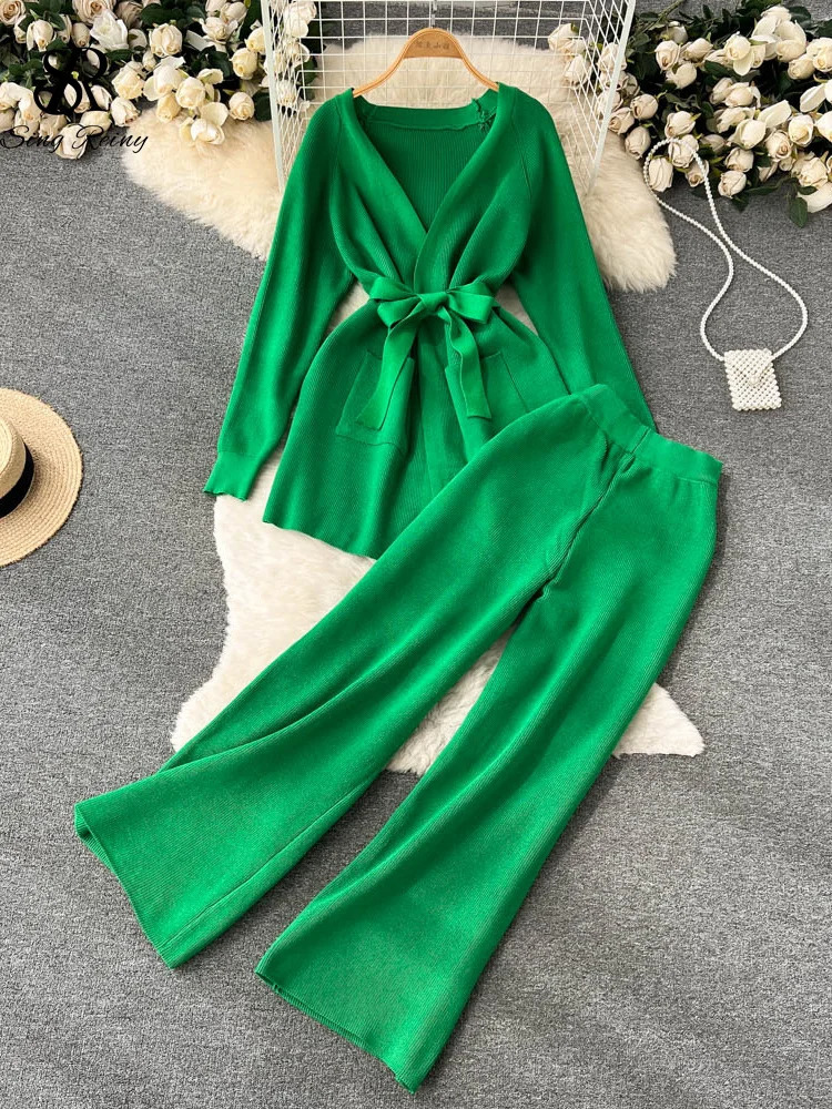 SINGREINY Winter Casual Two Pieces Suits Long Sleeve Knitted Cardigan CoatElastic Waist Wide Leg Pant Female Loose Sweater Sets 250730