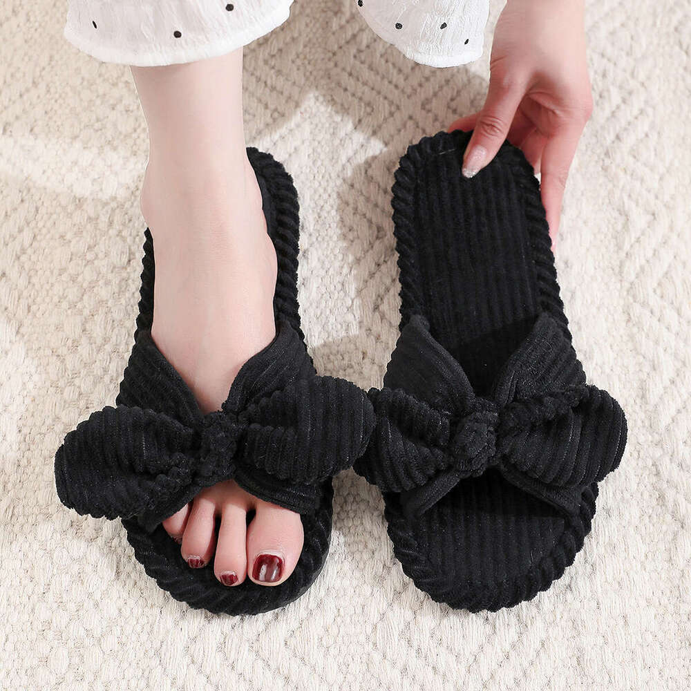Butterfly Knot Women's Autumn Winter Indoor Outdoor Thick Sole Warm Plush Maternity Shoes One Word Open Toe Cotton Slippers