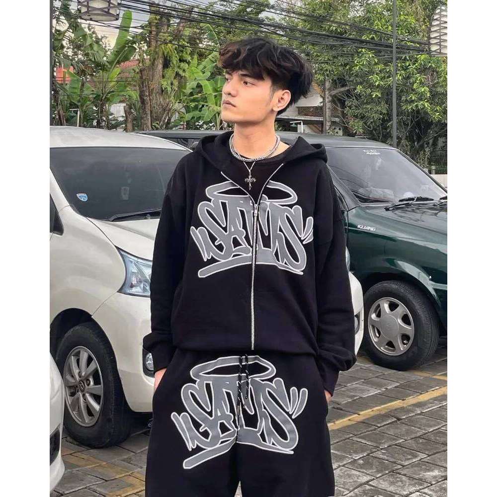 Y2k American Haruku Set Streetwear Men Clothing Retro Zipper Hoodie Hip Hop Trendy Printed Casual Couple Sportswear Pants