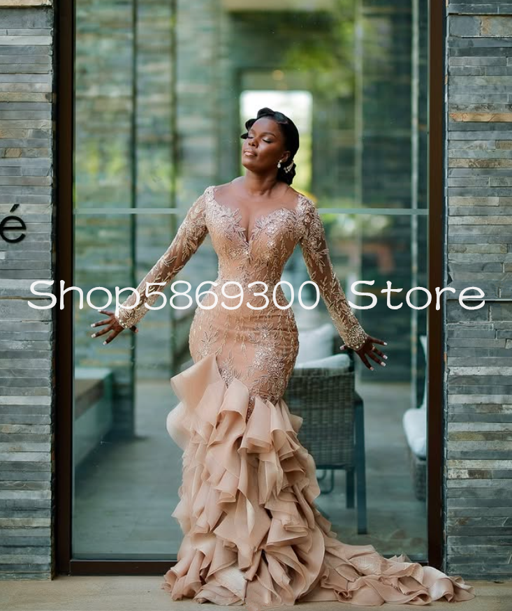 Champagne Mermaid African Prom Formal Dresses Luxury Lace Applique Ruffles Skirt Long Sleeve Evening Gala Gown Customsized