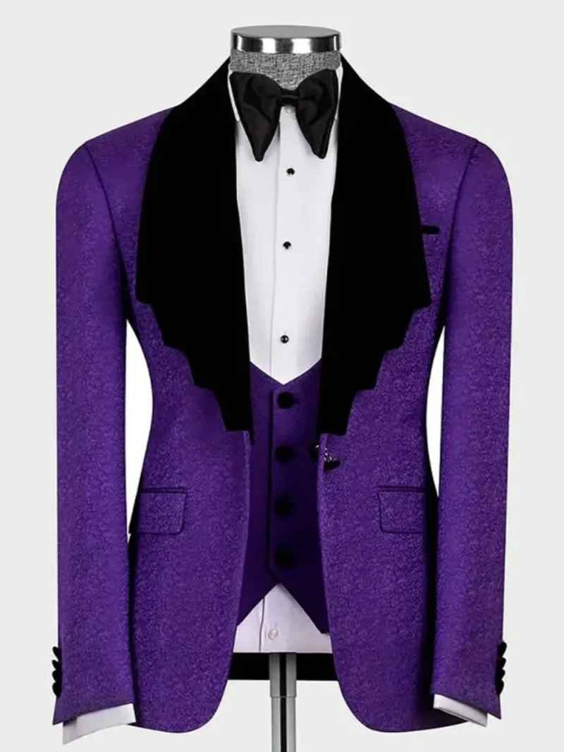 Purple Mens Jacket Suits For Wedding Unique Lapel Groom Tuxedos Party Birthday Formal Wear 2 Pieces With Black Pants Customized