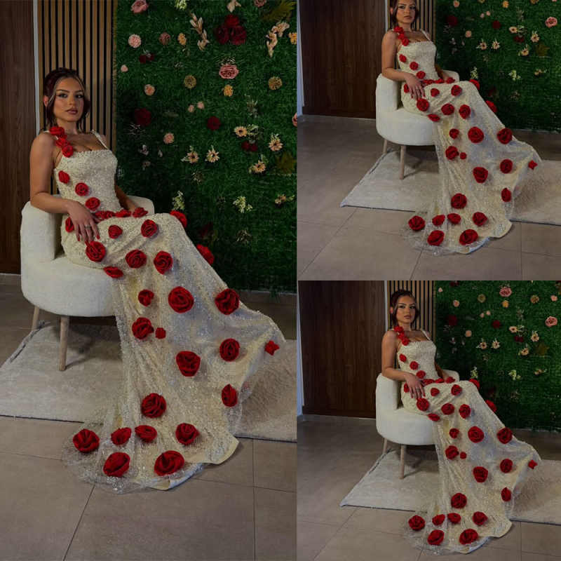 Elegant Prom Dresses Red 3D Floral Appliques Sleeveless Lace-Up Court Gown Floor-Length Custom Made Formal Party Dress Vestido De Noite