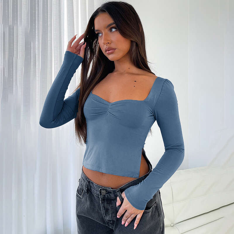 Y23tp1 Women's Autumn INS New Solid Color Square Neck Long Sleeve Gathered Side Slit Top T-Shirt For Women B5