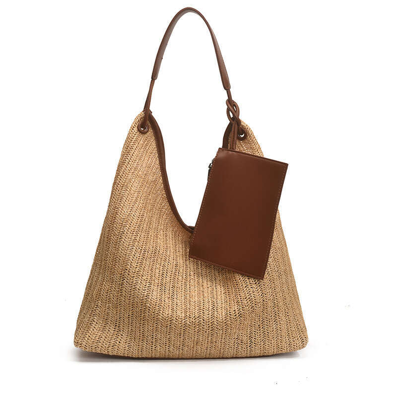 Tote Women's New Style Woven Color Stripe Shoulder Handbag Straw Vacation Beach Bag