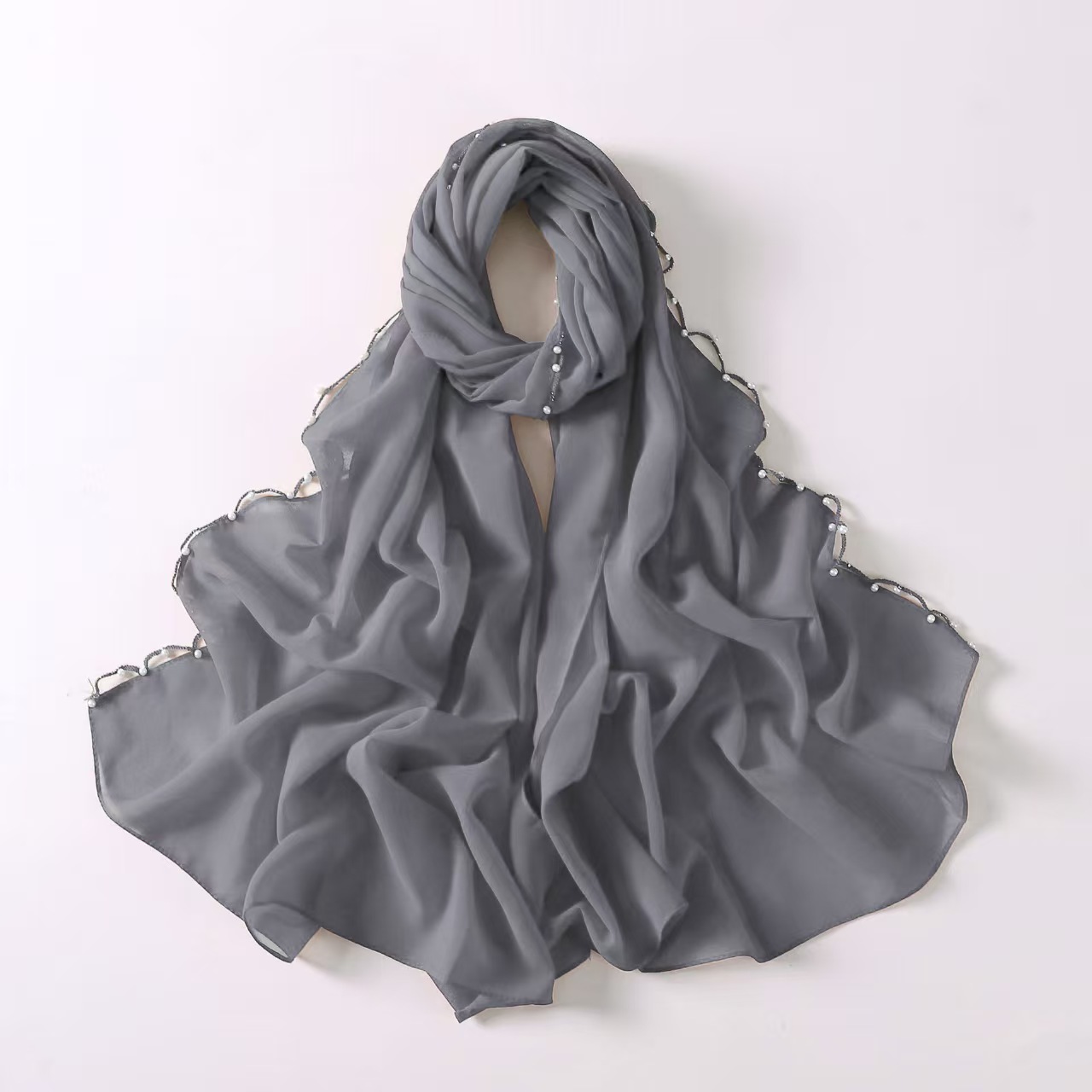 T1349 new chiffon scarf pearl beaded wave edge decoration Middle Eastern headscarf Arab headscarf