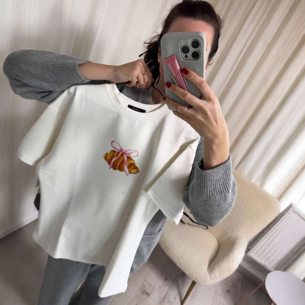 Simple Bowknot Print T-Shirt For Women Summer Versatile Loose Round Neck Pure Cotton Short Sleeve B5