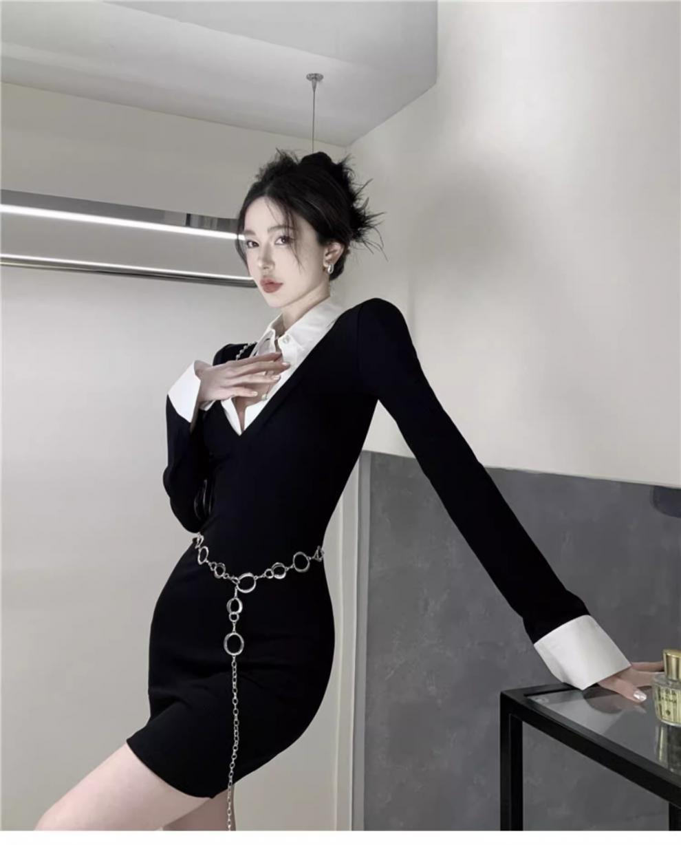 Pure Desire Style Sexy Fake Two Piece Shirts Long sleeved V-neck Dress Spring and Autumn Dress Spicy Girl Wrapped Hip Short Skir