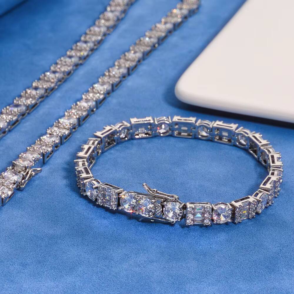NUOYA Hip Hop Fine Jewelry 925 Silver Tennis Chain Iced Out Mixed Inlay Baguette Round VVS Moissanite Necklace for Women