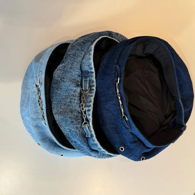 Denim French Style Hat Chain Beret Childrens Outdoor Pumpkin Hat Versatile Hat Big Head Circumference Painter Hat 250729